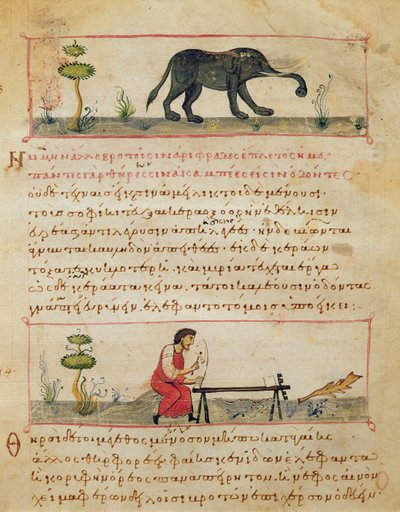 Elefante y trabajo tradicional en marfil, ilustración de la Cynegetica por Oppian de Italian School