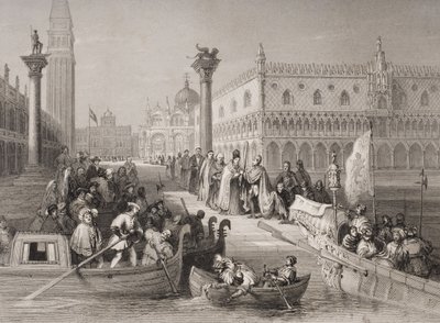 Embarque del Dogo, Venecia, grabado por Challis de Italian School