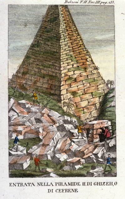 Entrada de Belzoni en la Pirámide de Guizeh (Guiseh, Giza, Giza) o Kefrén (Imperio Antiguo). Giovanni Battista (Gianbattista) Belzoni (1778-1823), explorador y arqueólogo italiano, hizo importantes descubrimientos arqueológicos en Egipto. Grabado - en de Italian School