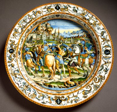 Episodio de la vida de Julio César. Plato de cerámica producido en Urbino en el taller Fontana, Italia. Alrededor de 1550. Florencia, Museo Nazionale del Bargello de Italian School