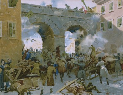Eventos del 18 al 22 de marzo de 1848, milaneses expulsando a los austriacos, ilustración de un álbum sobre la historia del Risorgimento hecho para el chocolate Talmone, finales del siglo XIX de Italian School