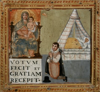 Exvoto que representa a un hombre agradeciendo a la Virgen de rodillas por haber sido curado de una enfermedad, 1604 de Italian School