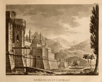 Exterior de un castillo, diseño de escenario para el Acto I de 
