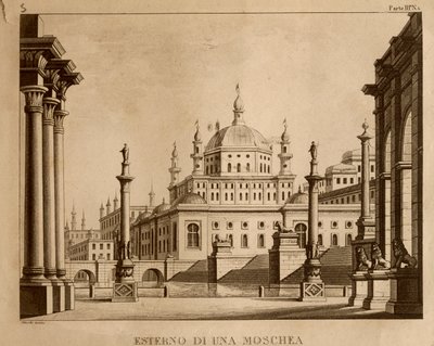 Exterior de una mezquita, diseño de escenario para 