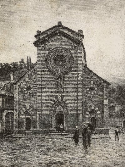 Fachada de la catedral de Bellano, Lago de Como, Italia, grabado de un dibujo de Quinto Michetti, de L