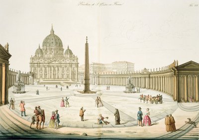 Fachada de San Pedro en Roma con la Piazza al frente, lámina 25 de la Parte III de La Historia de las Naciones, grabado por G. Lago de Italian School