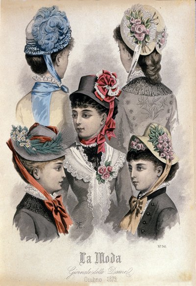 Moda de finales del siglo XIX: diferentes modelos de sombreros de mujer de Italian School