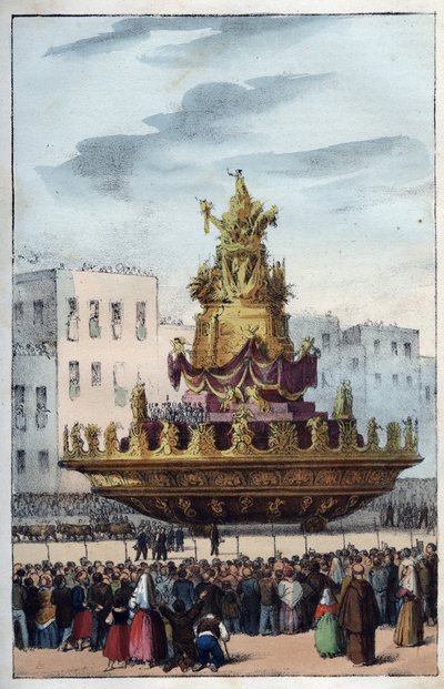 Fiesta de Santa Rosalía de Palermo (1130-1160), patrona de Palermo - La fiesta de Santa Rosalía - (la patrona de Palermo en Italia) - grabado de 