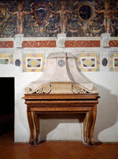 Chimenea con las iniciales F.II.M.M.V que significan Federigo Gonzaga II Marqués de Mantua, con un friso decorativo arriba incorporando varias impresas del escudo de armas de Gonzaga, 1528 de Italian School