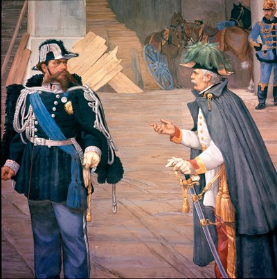 Primera Guerra de Independencia Italiana: la Batalla de Novara el 13/09/1849. También llamada la Batalla de la Bicoca. Vittorio Emanuele II y Joseph Radetzky después de la batalla. Detalle de un fresco de Italian School