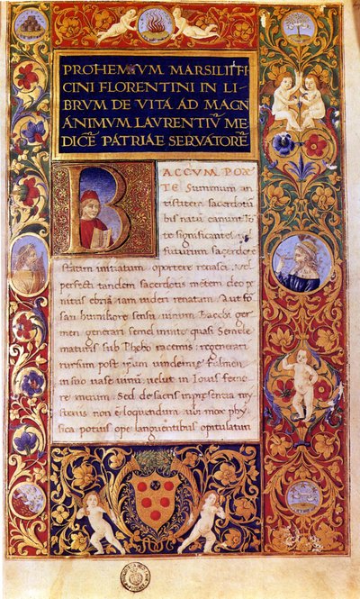 Primera página del "De vita libri tres" de Marsilio Ficino (pluma y tinta, témpera y oro sobre vitela) de Italian School