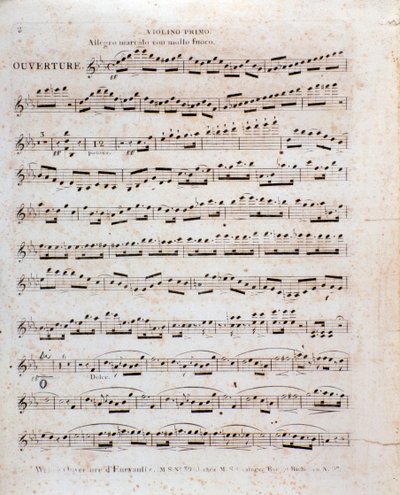 Primera página de la partitura musical, para violín, de la ópera 