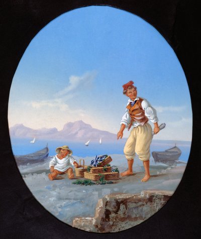 Pescador en la playa, con la isla de Capri al fondo de Italian School