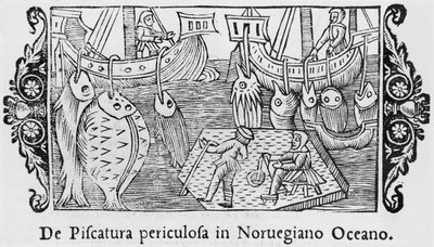 Pescando en el Océano Noruego, ilustración de Historia de Gentibus Septentrionalibus por Olaus Magnus, publicado en Roma, 1555 de Italian School