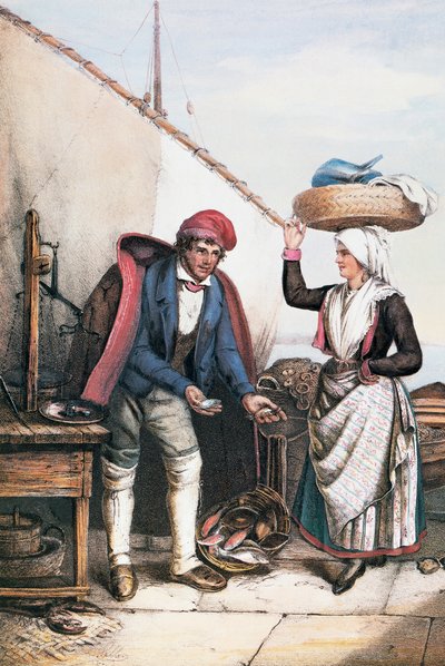Pescadero y campesino, ilustración de Trajes de Istria, Italia de Italian School