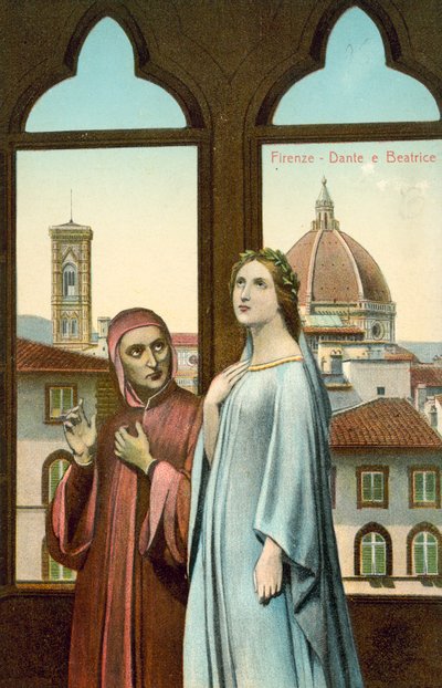 Florencia, Dante y Beatriz (litografía en color) de Italian School
