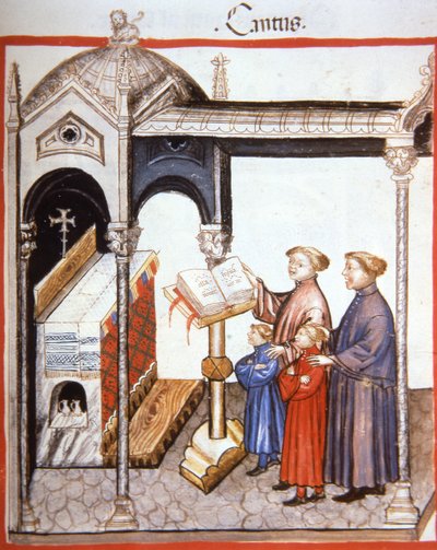 Fol.103r Cantando, ilustración del Tacuinum Santiatis Codex Vindobonensis de Italian School