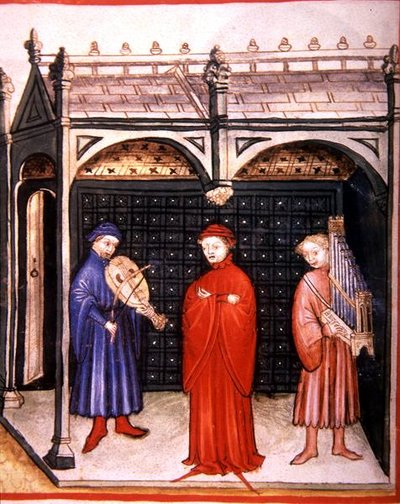 Fol.103v Un cantante acompañado por órgano y un instrumento de cuerda, ilustración de 