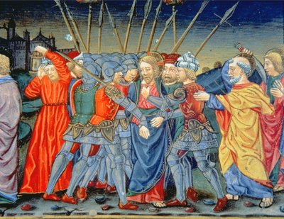 Fol.105v Simón Pedro defiende a Cristo y hiere a un soldado con una espada (vitela) de Italian School