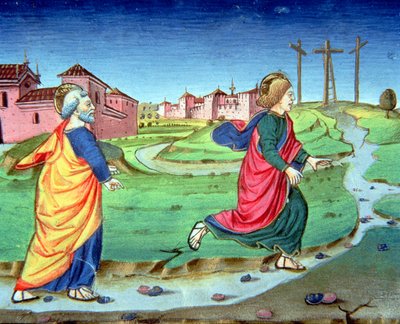 Fol.129vb María Magdalena da la noticia de la resurrección a Simón Pedro (vitela) de Italian School