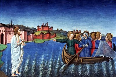 Fol.134r Los discípulos pescan en el lago de Galilea (vitela) de Italian School