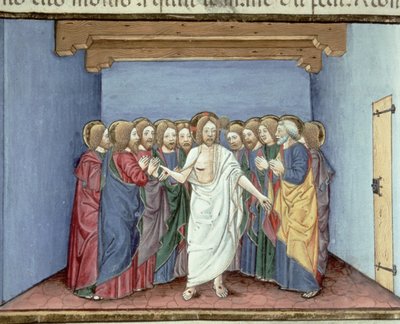 Fol.135v Jesús se presenta a los discípulos reunidos bajo un mismo techo por temor a los jueces (vitela) de Italian School