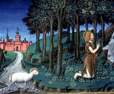 Fol.143v San Juan Bautista reza en el desierto (vitela) de Italian School