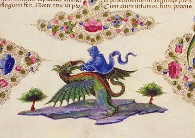 Fol.198V Un genio y un monstruo alado, de la Biblia de Borso d