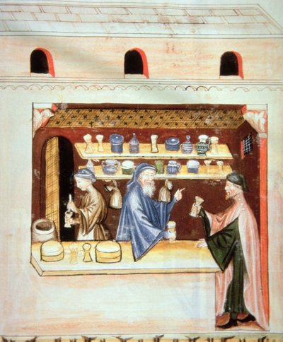 Preparación y venta de tomillo, ilustración de Tacuinum Sanitatis Codex Vindobonensis de Italian School