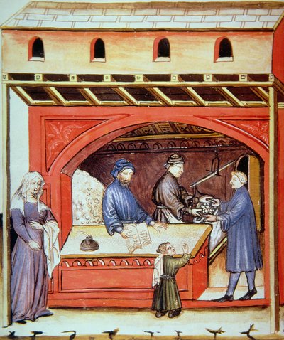 Vendiendo sal, ilustración de Tacuinum Sanitatis Codex Vindobonensis de Italian School