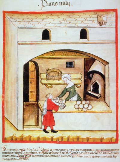 Preparación de pan de mijo, ilustración de Tacuinum Sanitatis Codex Vindobonensis de Italian School