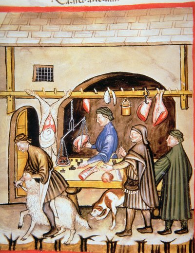 Los carniceros: Vendiendo cordero, ilustración de Tacuinum Sanitatis de Italian School