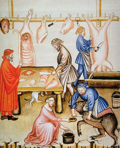Los carniceros: Carne de cerdo, ilustración de Tacuinum Sanitatis Codex Vindobonensis de Italian School