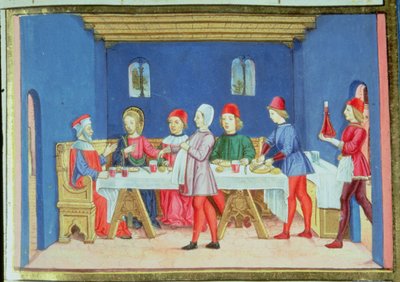 Fol.75v Jesús durante la comida en casa del fariseo pregunta si le está permitido curar en sábado (vitela) de Italian School
