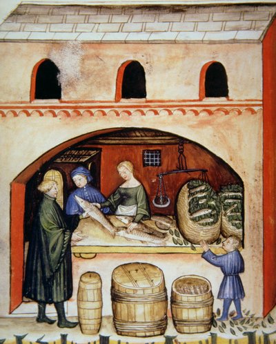 Fol.82v Pescado salado, ilustración del Tacuinum Santiatis Codex Vindobonensis de Italian School