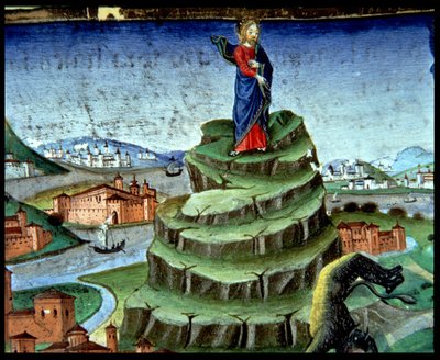 Fol.84r El diablo tienta a Cristo por segunda vez en la montaña (vitela) de Italian School