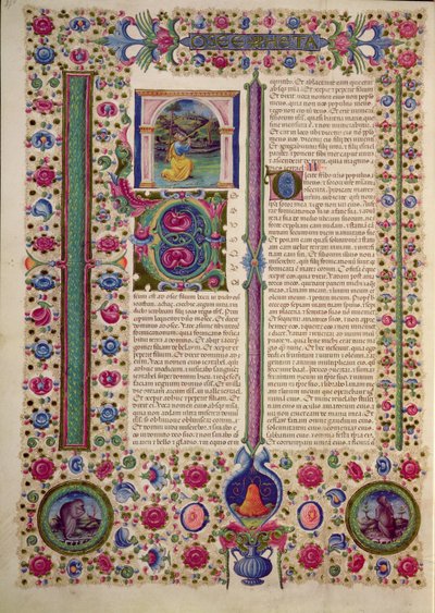 Fol.87v Apertura del libro del profeta Oseas (profeta menor que predica contra los judíos idólatras), de la Biblia de Borso d