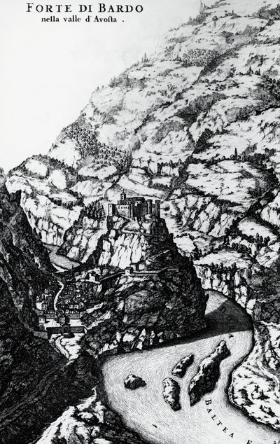 Fuerte Bard, grabado del Theatrum Sabaudiae de Italian School