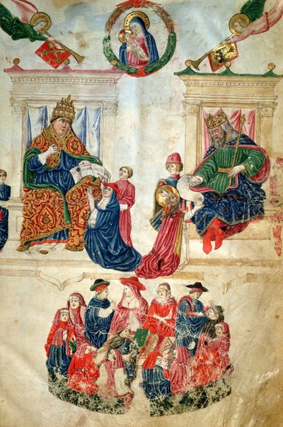 Fundación de la Universidad de Bolonia por el emperador Teodosio II (408-450) y privilegios concedidos por el papa Pablo II (1417-71) (vitela) de Italian School