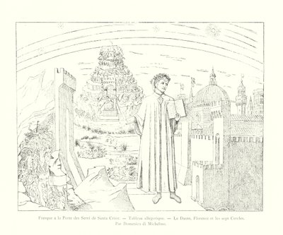Fresco en la Puerta de los Servi de Santa Croce, Cuadro alegórico, Dante, Florencia y los siete círculos, por Domenico di Michelino de Italian School