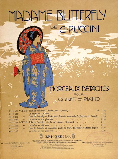 Portada de una partitura de extractos de "Madame Butterfly" de Giacomo Puccini (1858-1924) 1906 (litografía en color) de Italian School