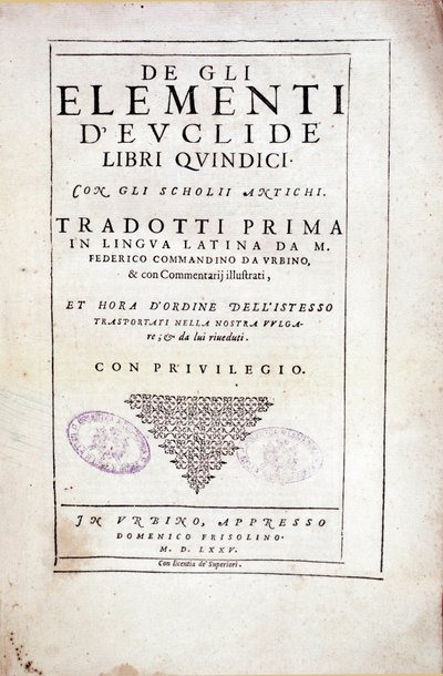 Frontispicio del volumen XV "Elementos" del matemático griego Euclides (siglo III a.C.) de Italian School