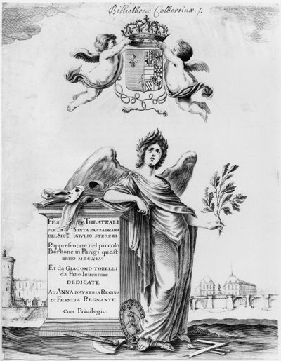 Frontispicio para la Feste theatrali per la Finta Pazza representada en 1645 en el Théâtre Petit Bourbon en París de Italian School