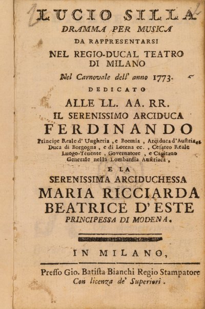 Frontispicio de Lucio Silla de Mozart, representado en Milán en 1773 de Italian School