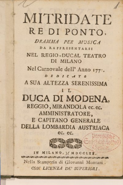 Frontispicio de una copia temprana de Mitridate, re di Ponte, una ópera de Wolfgang Amadeus Mozart, 1770 de Italian School