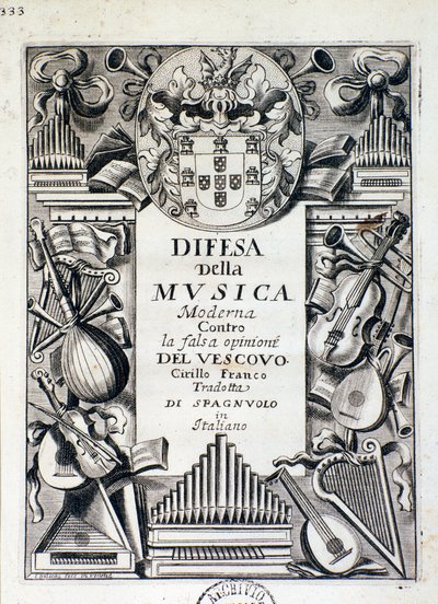 Portada de Defensa de la música moderna: contra la falsa opinión del obispo Cirillo Franco, por el rey Jacobo IV de Portugal de Italian School