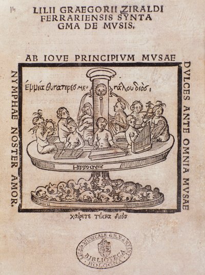 Frontispicio de Lilii Graegorii Ziraldi Ferrariensis Syntagma De Mvsis por Giglio Gregorio Giraldi de Italian School