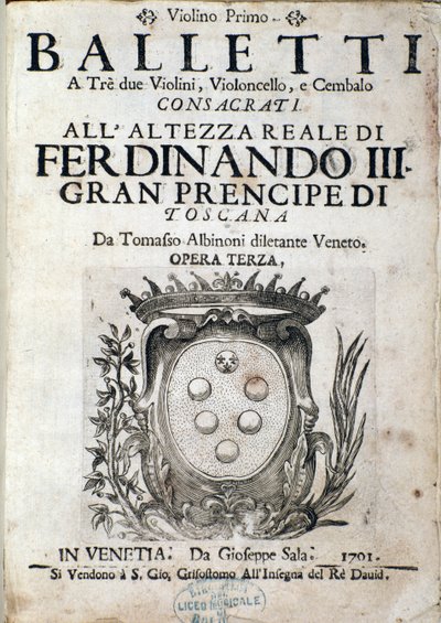 Portada de la partitura musical de Balletti a tre, ópera III de Tomaso Albinoni (1671-1750) de Italian School