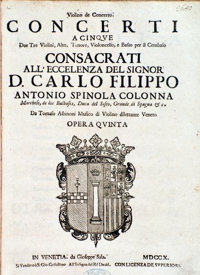 Portada de la partitura musical de “Concerti a cinque, opera 5” de Tomaso Albinoni de Italian School