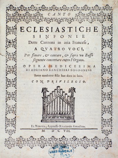 Portada de la partitura musical del Concierto 5 en "Canzoni alla francese" de Adriano Banchieri de Italian School